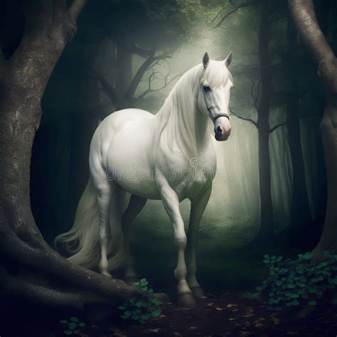Generative Ai Illustration A White Horse In An Enchanted Forest Stock
