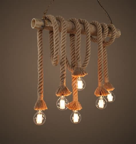 6 Edison Bulbs Light Bamboo Rope Pendant Lights Lamp Vintage Loft