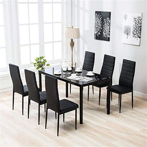 Mecor 7 Piece Glass Kitchen Dining Table Set Glass Top Table With 6 Faux Leather Chairs