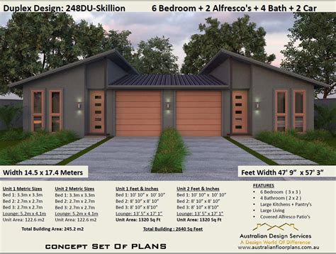 Skillion Roof Duplex Design 6 Bed 4 Bath 2 Cars House Plans