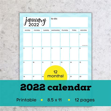 2022 Monthly Calendar Printable Vertical 2022 Monthly Etsy