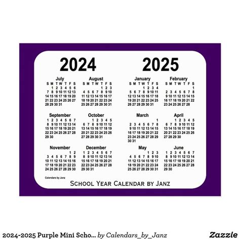 2024 2025 Purple Mini School Year Calendar By Janz Postcard Zazzle
