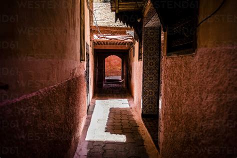 Morocco Red Peinted Alley At Medina Stock Photo