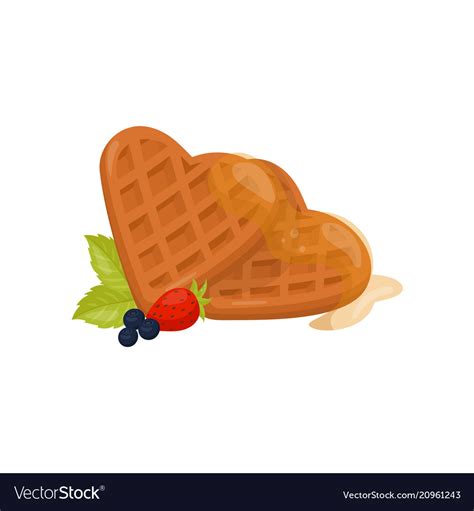 Heart Shaped Waffles With Honey Ripe Strawberry Vector Image