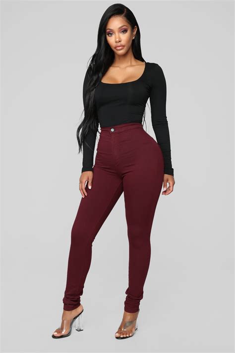 Super High Waist Denim Skinnies Burgundy Fashion Nova Jeans