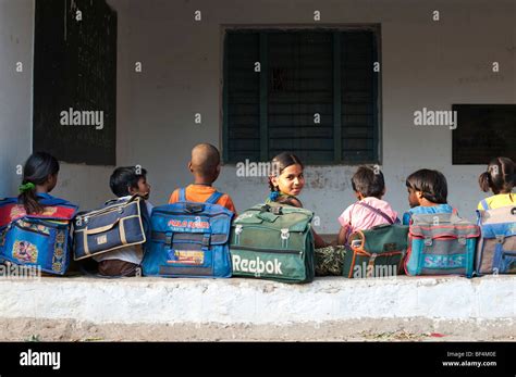 Indian School Children Sitting Outside Their Rural Village School