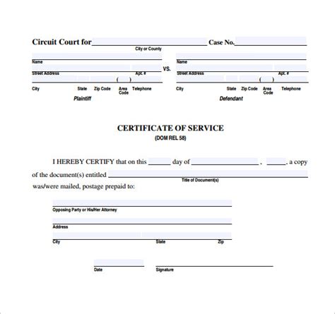 Sample Certificate Of Service Form