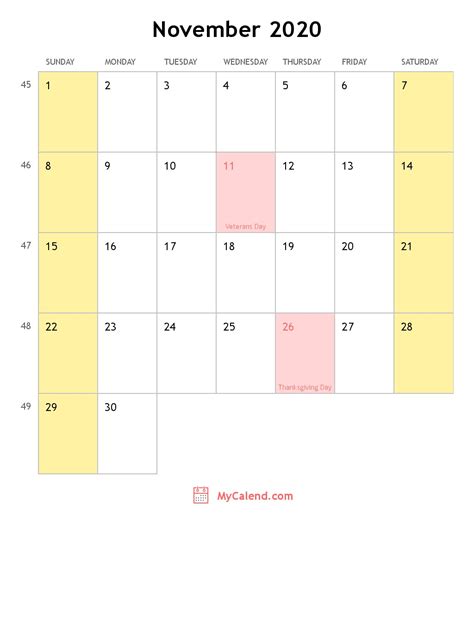 November 2020 Calendar With Holidays Monthly Printable Calendar