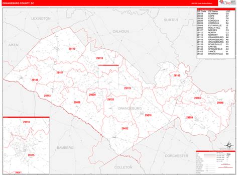 Orangeburg County Sc Zip Code Wall Map Red Line Style By Marketmaps
