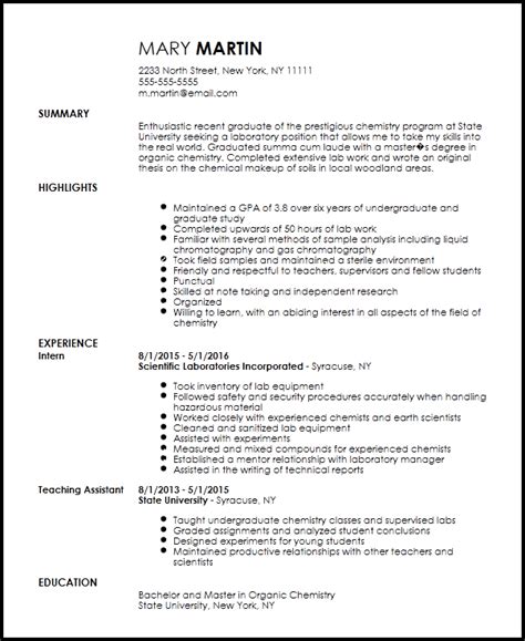 Customise the template to showcase your experience, skillset and accomplishments, and highlight your most relevant qualifications for a new graduate assistant job. Free Entry Level Chemist Resume Template | Resume-Now