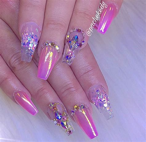 Pink Gel Acrylics With Rhinestones Nail Designs Bling Beauty Nails