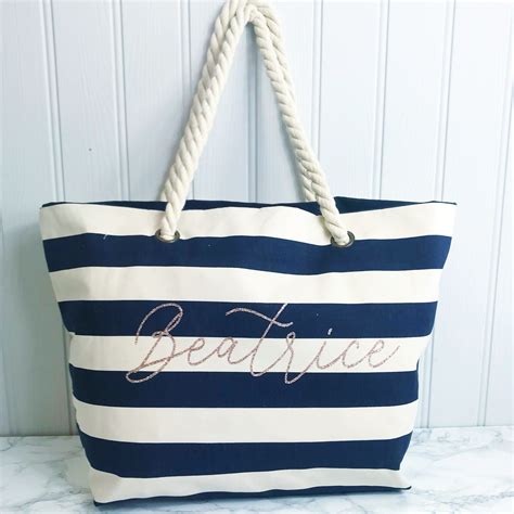 Personalised Navy Stripe Canvas And Rope Tote Beach Bag With Any Phrase