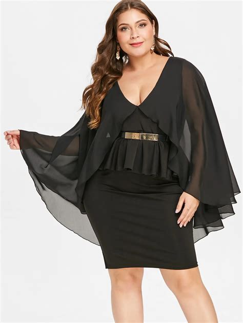 Wipalo Women Plus Size 5xl Plunging Neck Cape Peplum Dress Solid Cloak Sleeve Knee Length
