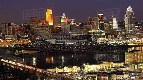 View Of The Cincinnati Ohio Skyline At Night Stock Photo Dissolve