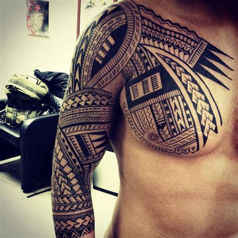 Polynesian Tribal Chest And Sleeve Best Tattoo Design Ideas