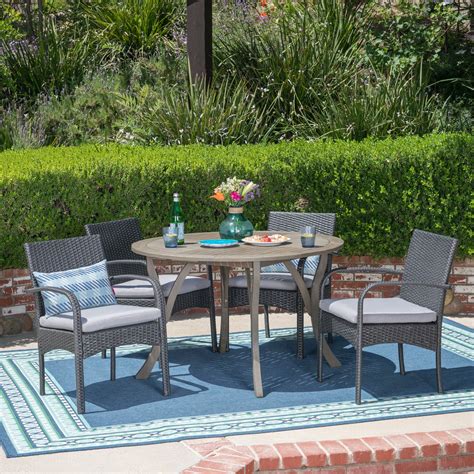 Mark Outdoor 5 Piece Acacia Wood And Wicker Dining Set With Cushions