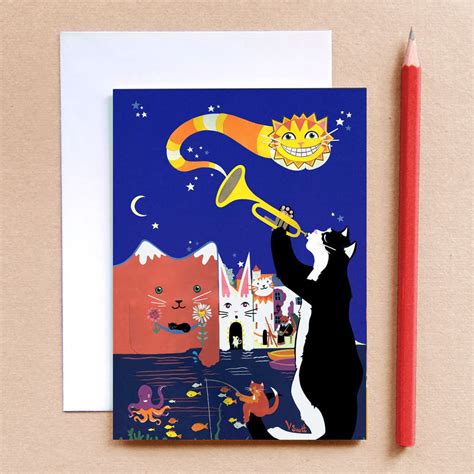 Jazz Cats Greeting Card Crazy Cats Seaside Card Fantasy Card Childrens