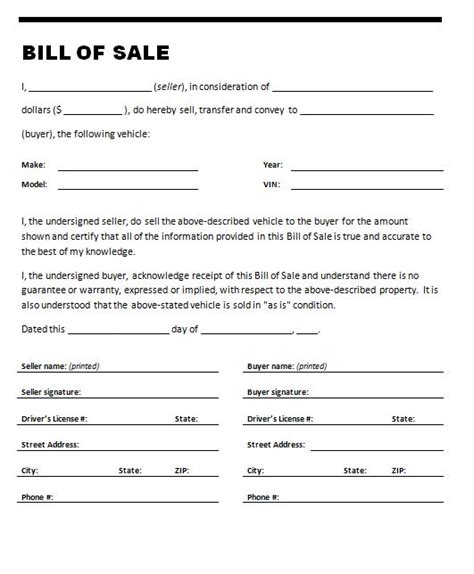 Free Printable Car Bill Of Sale Form Generic