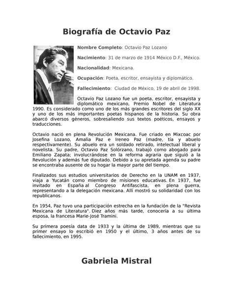 Biograf A Corta De Octavio Paz Gabriela Mistral Y Amado Nervo