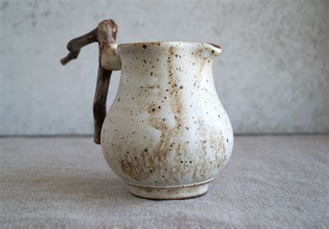 Handmade Ceramic Pitcher with Wooden Handle, Wheel Thrown Creamer, Rustic Speckled Dish, Rustic 