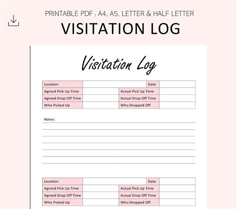 Visitation Log Printable Child Care Log Child Visits Tracker Visitation