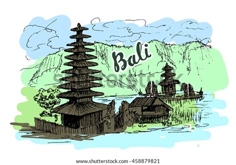 Illustration Balinese Temple Pura Ulun Danu Stock Vector Royalty Free