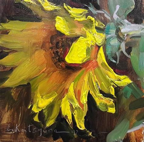 A Painting Of A Yellow Sunflower With Green Leaves