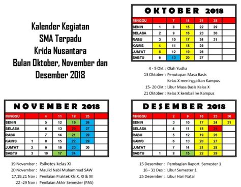 Kalender Kegiatan Bulan Oktober November Dan Desember 2018 Krida