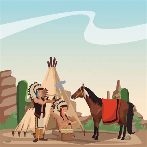 Premium Vector American Indian Tribe At Village Cartoon
