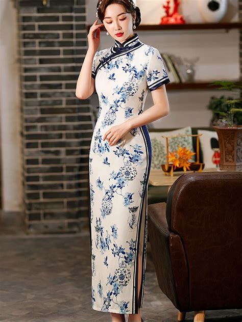 White And Blue Floral Print Qipao Cheongsam Dress Cozyladywear