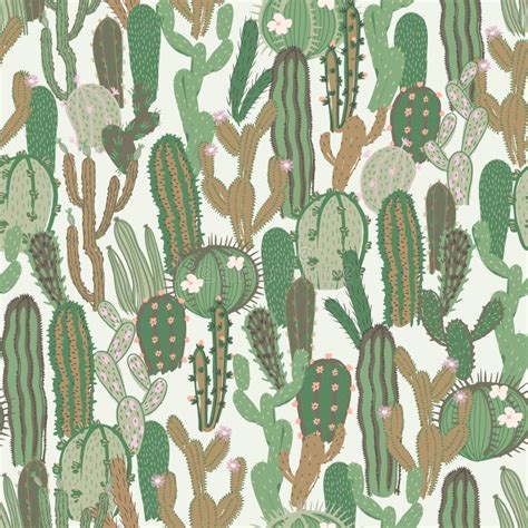 Vector Seamless Pattern With Cactus Repeated Texture With Green Cacti