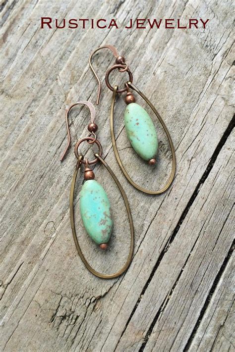Hammered Copper Hoops With Beautiful Green Turquoise Magnesite Dangles