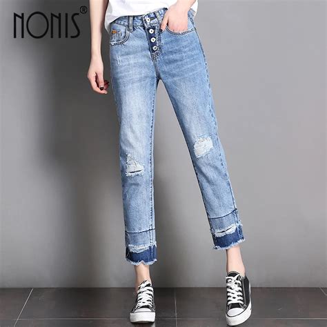 Nonis 2017 Women Summer Loose Straight Wide Leg Jeans Holes Ripped Female Inelastic Ankle Length