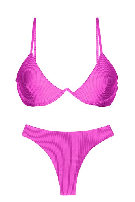 Textured Magenta Pink V Underwired Thong Bikini Set Eden Pink Tri Aro