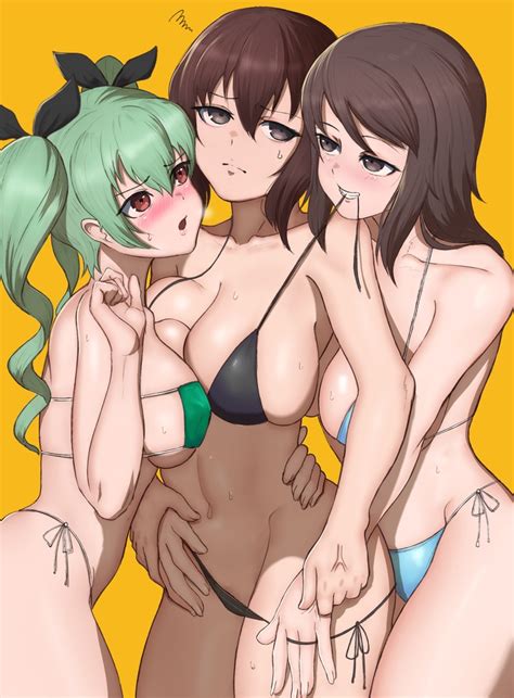 Rule 34 3girls Anchovy Bikini Blush Breasts Chiyomi Anzai Girls Und