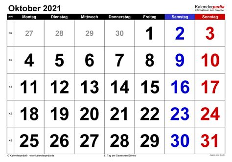 Kalender Oktober 2021 Als Excel Vorlagen