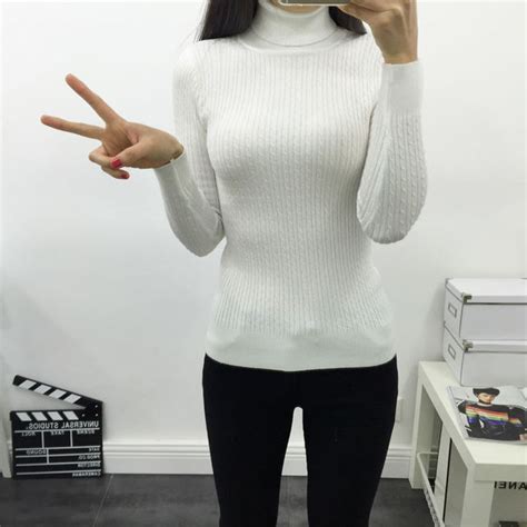 Solid White Female Hand Knitted Pullovers Tight Slim Turtleneck Full