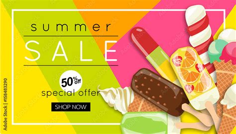 Trendy Summer Sale Banner Design With Ice Cream Vector Illustration Stock Vector Adobe Stock