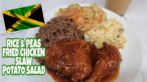 Jamaican Sunday Dinner Cook Rice And Peas Fried Chicken In Gravy Potato Salad Veg Slaw