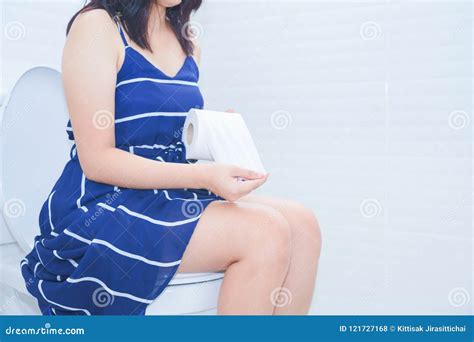 Woman Sitting On Toilet With Toilet Paper Concept Stock Photo Image Of Home Hygiene