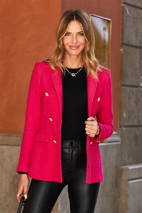 Hot Pink Boucle Blazer With Gold Buttons