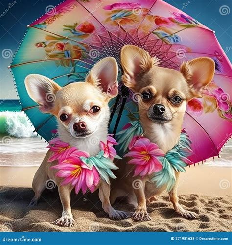 Two Chihuahua Dogs Wearing Hawaiian Flowers Necklace Generative Ai