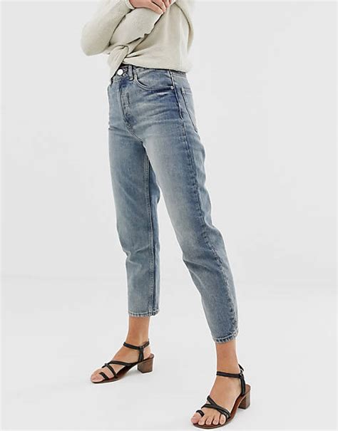asos design recycled florence authentic straight leg jeans in aged stonewash blue asos