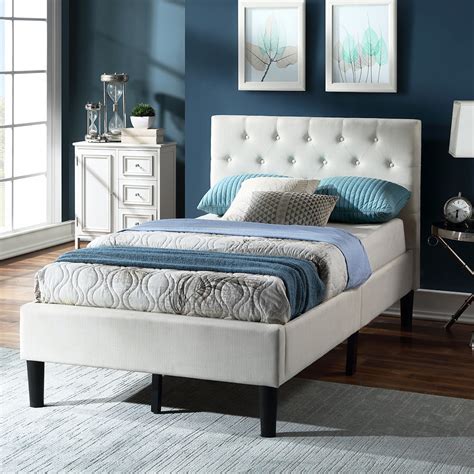 Beige Twin Bed Frame For Adults Kids Modern Upholstered Platform Bed