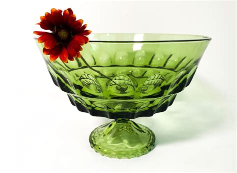 Vintage Green Pedestal Bowl w/ Thumbprint Impressions - Retro Fruit