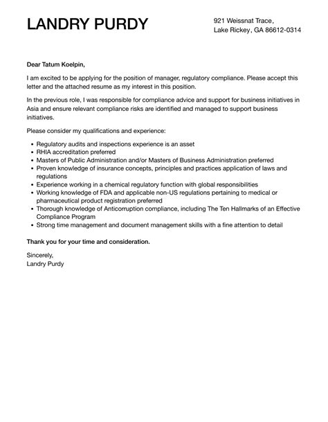 Manager Regulatory Compliance Cover Letter Velvet Jobs