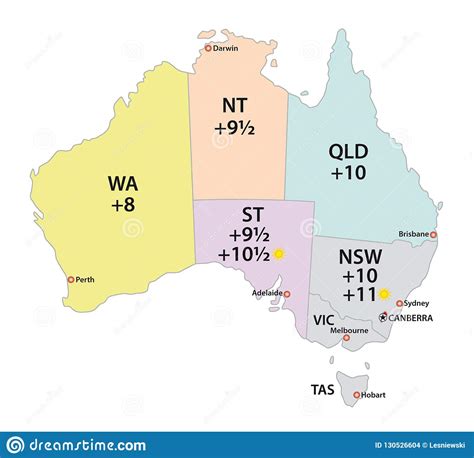 Australia Uses Three Main Time Zones Vector Map Stock Vector