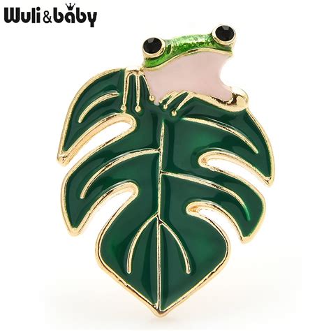 Wuli Baby Enamel Frog Brooches For Women 2 Color Leaf Animal Party