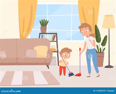 Housework Children Help Kids Washing Living Room With Parents Cleaning