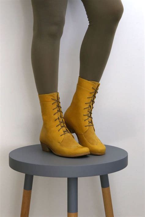 Yellow Combat Boots Mid Calf Leather Boots Oxford By Adikilav Boots